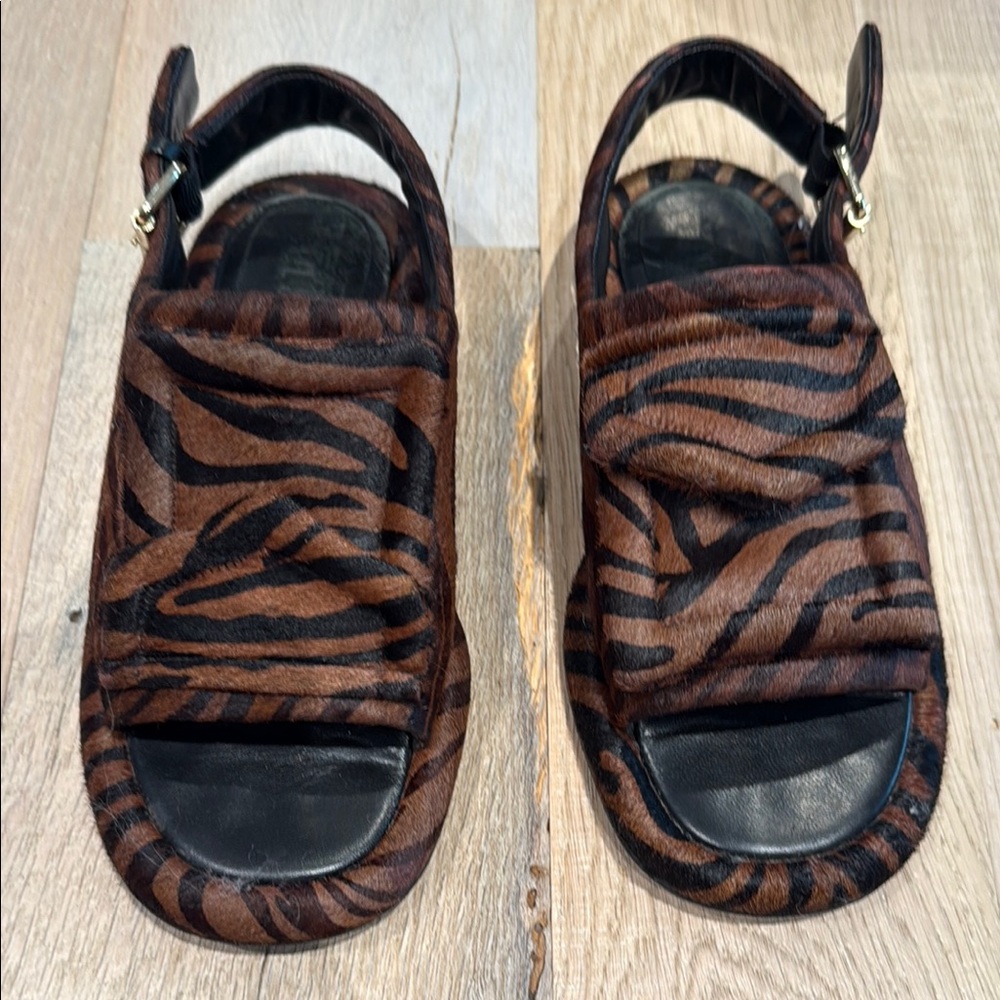 Tibi Brown and Black Animal Print Sandals